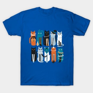 High Gothic Halloween Cats // print // blue background orange turquoise blue white and black kittens T-Shirt